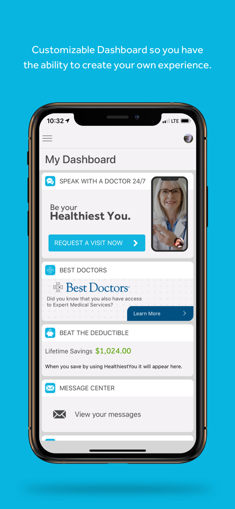 HY - Panel de la aplicación móvil HealthiestYou que muestra opciones de visita de telesalud y rastreador de ahorros de seguros.