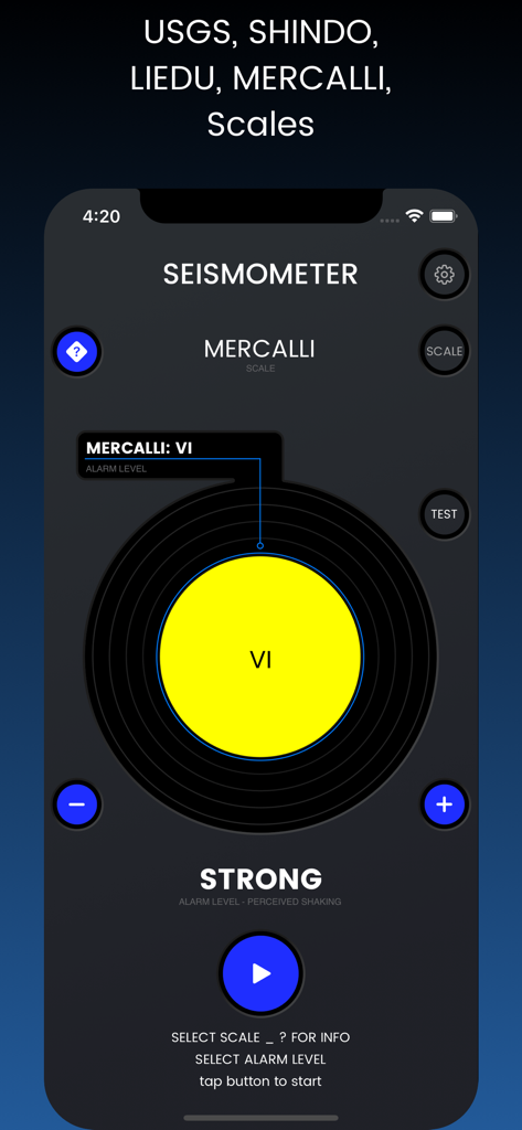 Benutzeroberfläche der Seismometer-App mit einem starken Erdbebenalarm auf der Mercalli-Skala