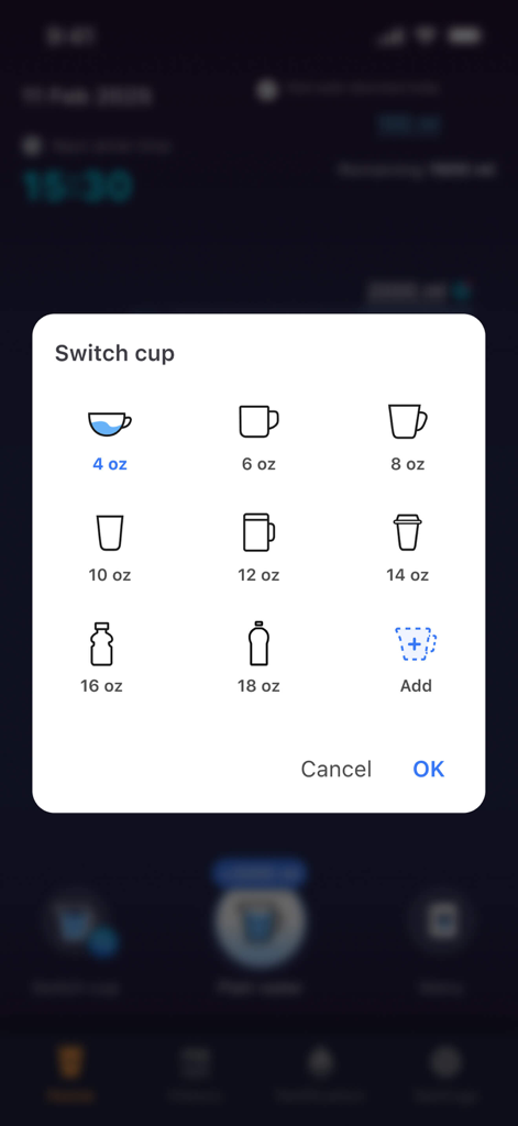 User interface for selecting and customizing water cup sizes in ounces