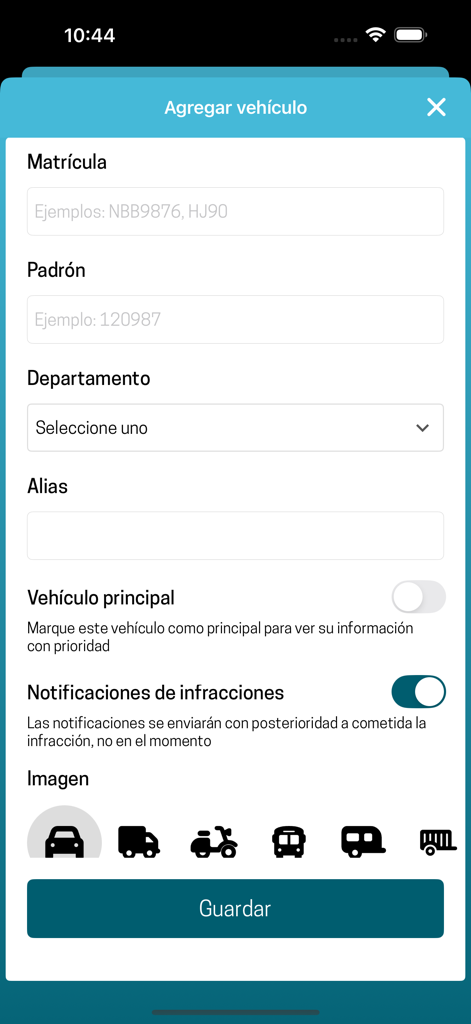 Form to add a vehicle in the SUCIVE app with fields for license plate and registry number