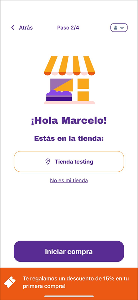 Grab & Eat - Grab and Eat mobile app interface confirming the store location and offering a 15 percent discount to start shopping.