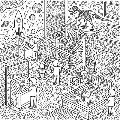 Dive into the playful world of a children's museum with this highly detailed adult coloring page. Unleash your creativity and find relaxation as you bring intricate exhibits to life with color.