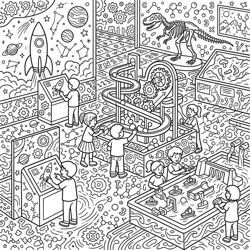 Dive into the playful world of a children's museum with this highly detailed adult coloring page. Unleash your creativity and find relaxation as you bring intricate exhibits to life with color.