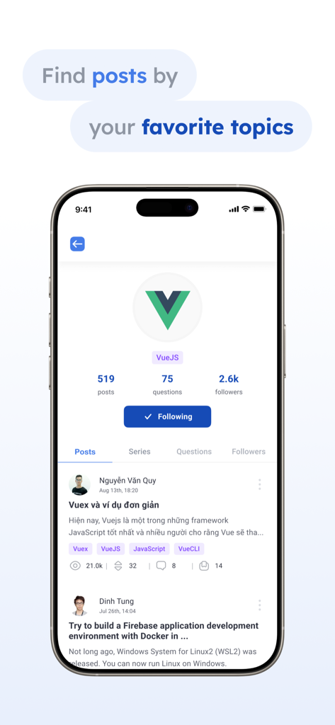Viblo - Viblo App: Oberfläche, die einen Feed technischer Beiträge anzeigt, gefiltert nach dem VueJS-Thema mit Follower- und Fragenstatistiken