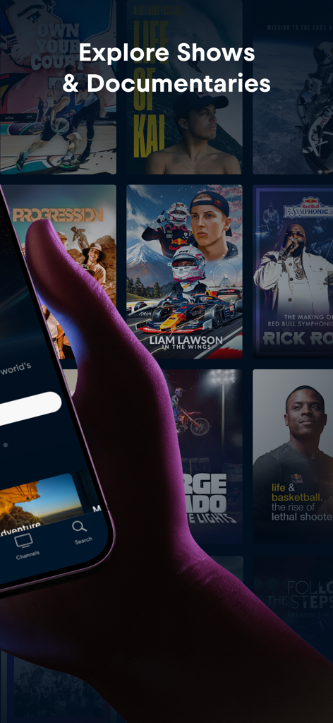 A mobile phone displaying the Red Bull TV app library with various sports documentaries and shows.