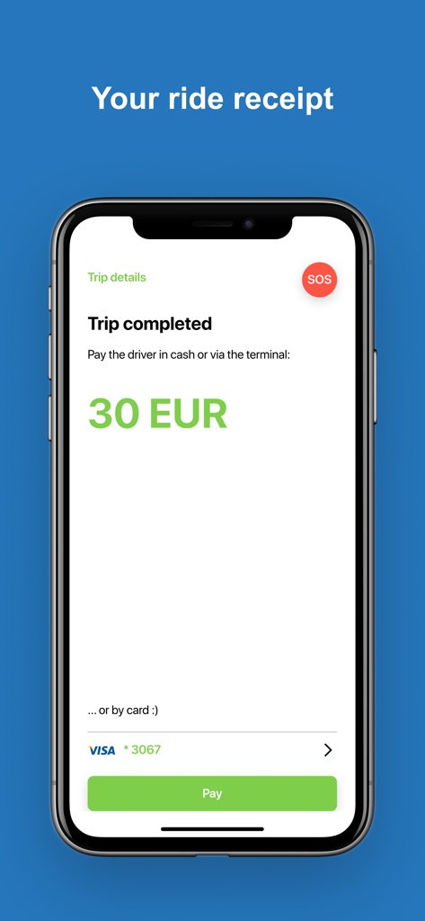 TeslaGoApp rides in Montenegro - TeslaGoApp ride receipt screen showing a completed trip fare of 30 EUR with credit card payment options