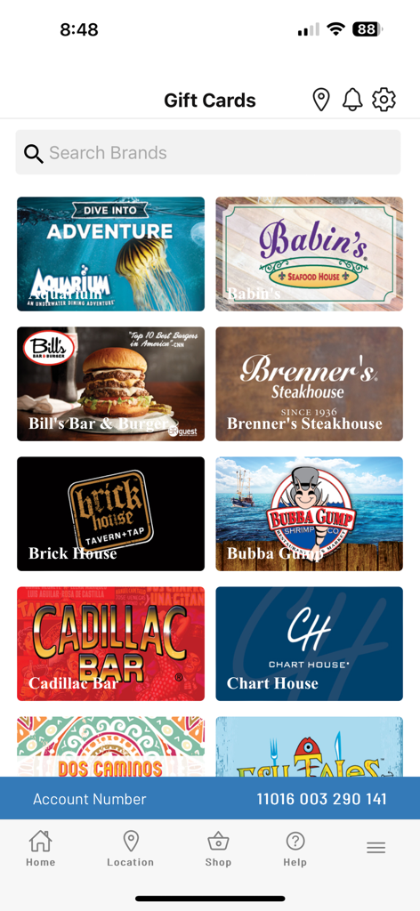 LSC - Pagina delle carte regalo dell'app Landry's Select Club che mostra vari marchi di ristoranti come Bubba Gump e Chart House.