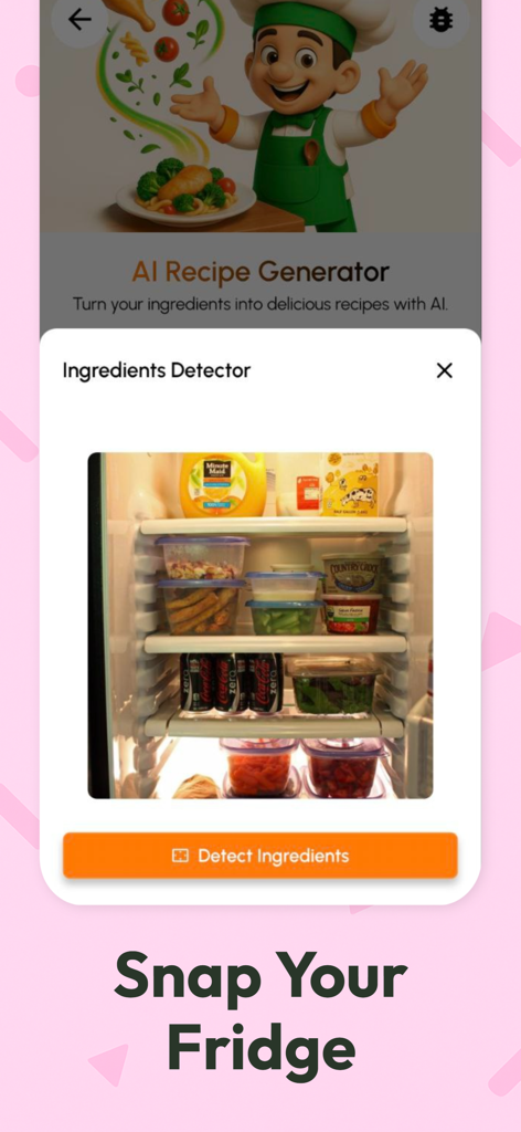 RecipifyAI AI Recipe Generator - RecipifyAI app interface showing the Ingredients Detector feature to snap a photo of a fridge for recipes