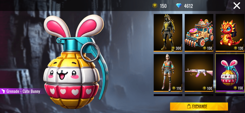 Case Simulator Fire Max store interface featuring a Cute Bunny Grenade and various character and weapon skins available for exchange.