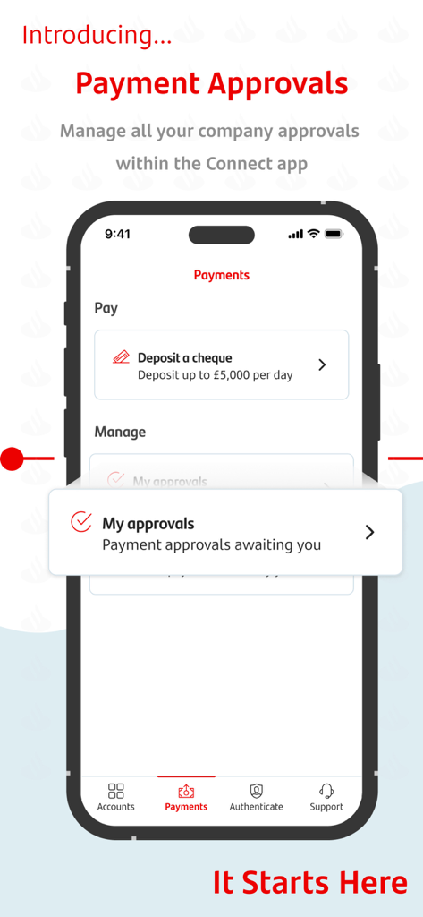 Santander Connect UK - Interfaz de la aplicación Santander Connect UK que muestra aprobaciones de pagos y funciones de depósito de cheques móvil