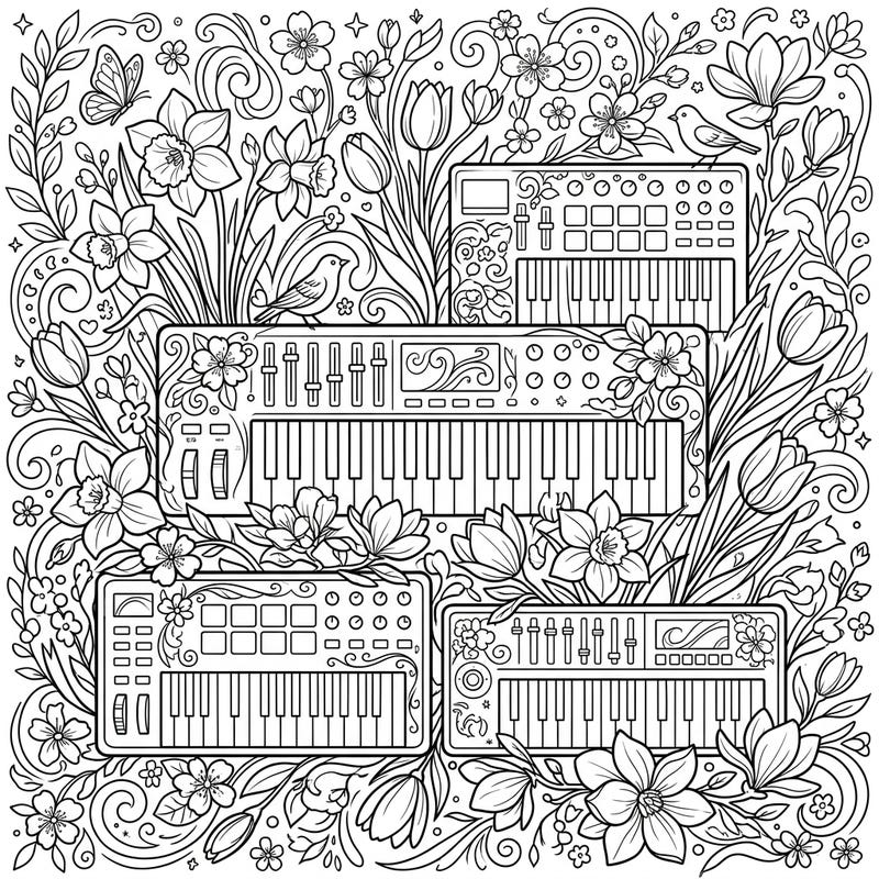 Dive into a harmonious coloring experience where modern music technology meets the beauty of a blossoming spring garden. This intricate design features multiple MIDI keyboards nestled among daffodils, tulips, and delicate foliage, ready for your artistic touch.