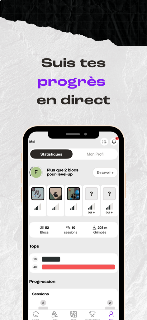 Arkose+ - Arkose plus app interface showing climbing performance statistics and progress tracking