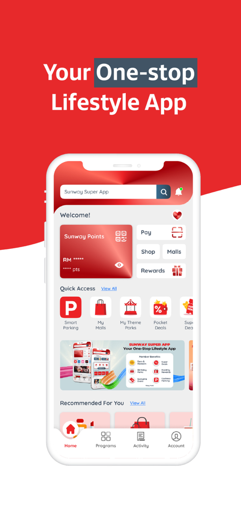 Sunway Super App - Sunway Super App home screen displaying loyalty points and lifestyle services