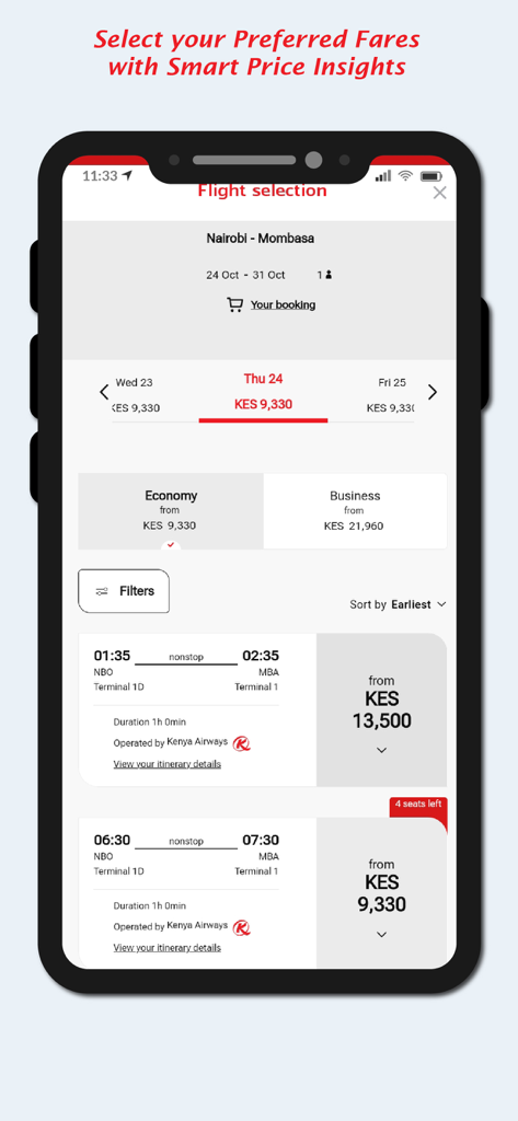 Kenya Airways - Kenya Airways mobile app flight selection interface showing routes from Nairobi to Mombasa with price and schedule options