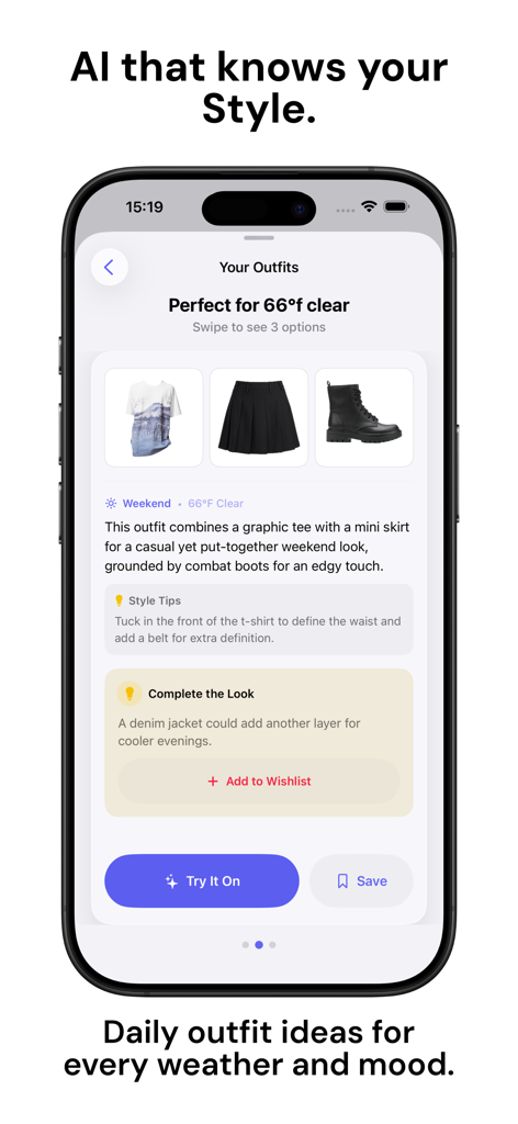 GhostFits - AI Wardrobe - GhostFits app interface showing an AI-recommended outfit of a graphic tee, mini skirt, and combat boots for clear 66 degree weather with style tips.