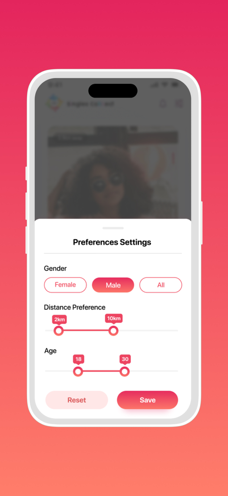 Singles Connect - Preferences settings screen in the Singles Connect dating app showing filters for gender distance and age range