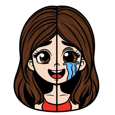 half happy girl half crying girl realistic