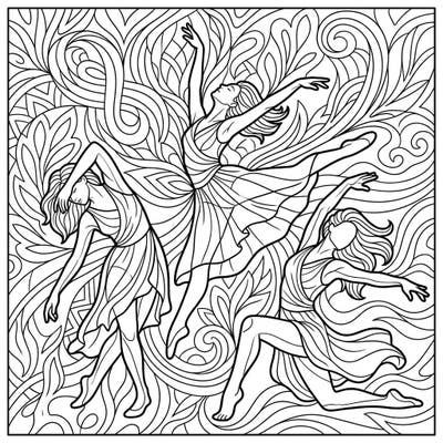 Capture the powerful grace of emotional expression through contemporary dance with this intricate coloring page. Experience the fluidity of movement and depth of feeling as you bring these elegant figures to life with your chosen hues.
