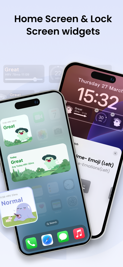 Écrans d'accueil et de verrouillage de l'iPhone présentant des widgets de santé MoodyWatch avec des données de suivi de l'humeur et de jolis personnages