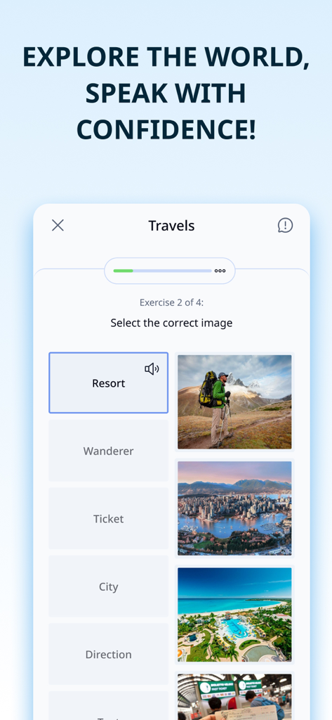 Learning French for Beginners - Screenshot da aplicação Learning French for Beginners a mostrar um exercício de correspondência de vocabulário para termos relacionados com viagens