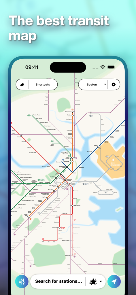 Interactive schematic transit map of Boston on the Mapway mobile app