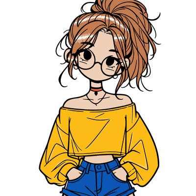 girl with a messy ponytail glasses a baggy crop top and jean shorts