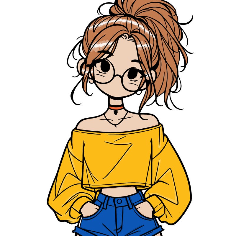 girl with a messy ponytail glasses a baggy crop top and jean shorts