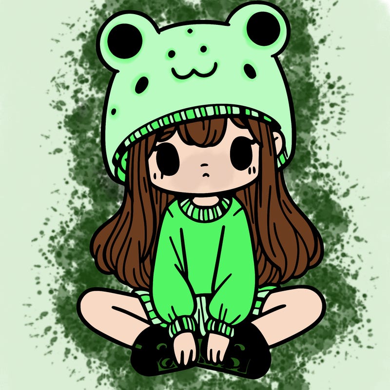 a girl wearing a frog hat and some frog socks