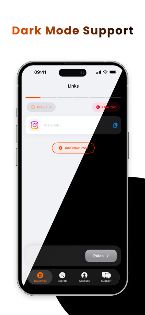 Instabom - Instagram Giveaway - Interface do aplicativo Instabom mostrando suporte ao modo escuro para gerenciamento de links de sorteios