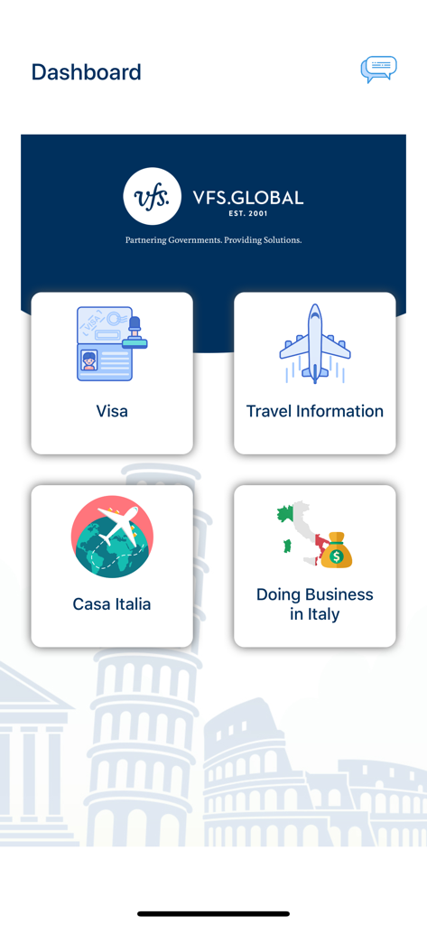 Italy Global app dashboard featuring menu options for visa applications, travel information, and business in Italy