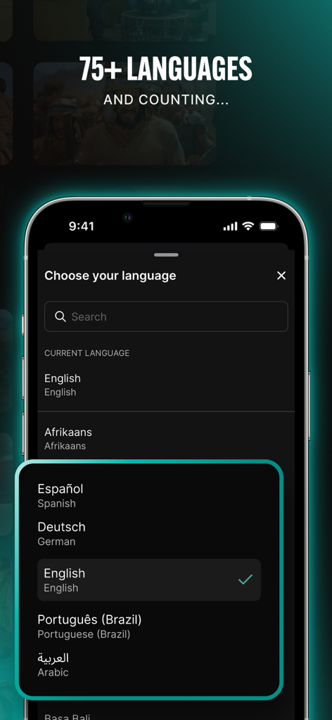 The Chosen - The Chosen app language selection screen displaying various international languages.