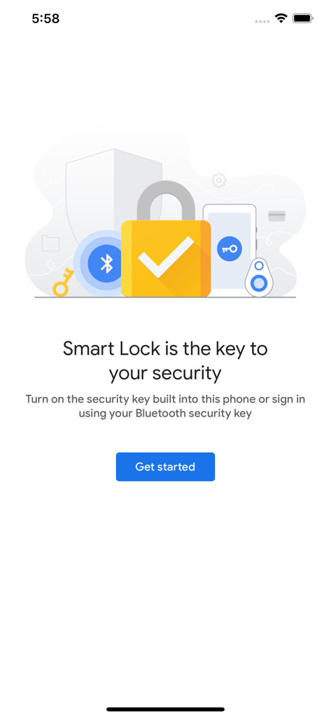 Google Smart Lock welcome screen featuring security icons and a get started button