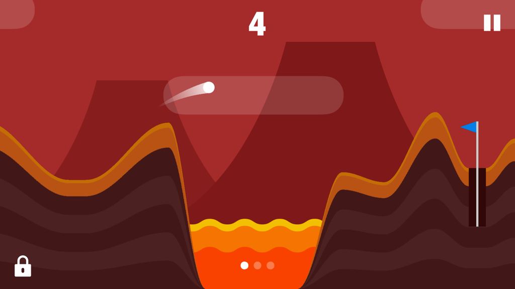 Nivel de juego de golf 2D minimalista con una bola de golf volando sobre un pozo de lava hacia una bandera