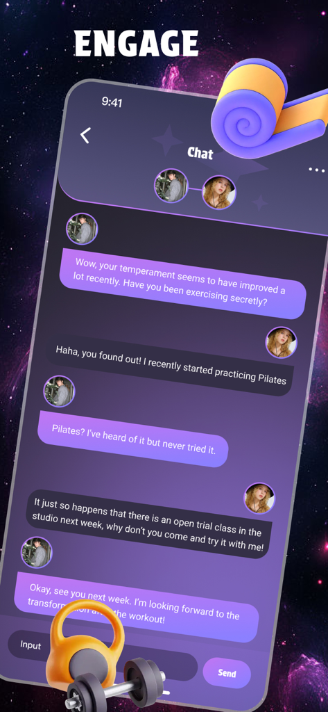 Chime - Discover, Enjoy & Chat - Chimeアプリのチャットインターフェース。ユーザーがピラティスの練習やワークアウトについて話し合っています。