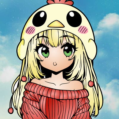 anime girl with chick shaped hat with sweater with bare shoulders with bangs covering them one eye with low tail