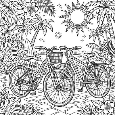 Get ready for a vibrant summer adventure with this exciting coloring page featuring two stylish hybrid bikes. Immerse yourself in a tropical vacation scene, complete with swaying palm trees, exotic flowers, and a radiant sun.