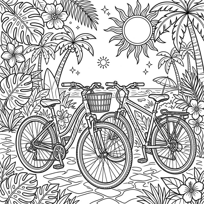 Get ready for a vibrant summer adventure with this exciting coloring page featuring two stylish hybrid bikes. Immerse yourself in a tropical vacation scene, complete with swaying palm trees, exotic flowers, and a radiant sun.