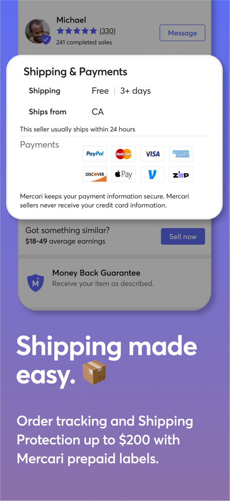 Mercari: Buying & Selling App - Mercari app interface displaying shipping information and supported payment methods including PayPal and Apple Pay