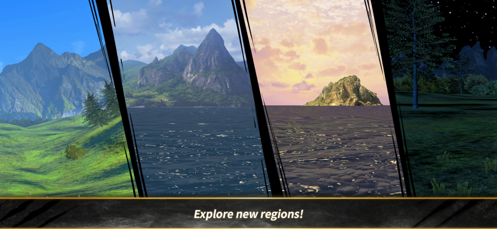 Hunt And Hook:Frontier - A four panel showcase of diverse hunting and fishing environments including sunny mountains, tropical islands, and starry night forests