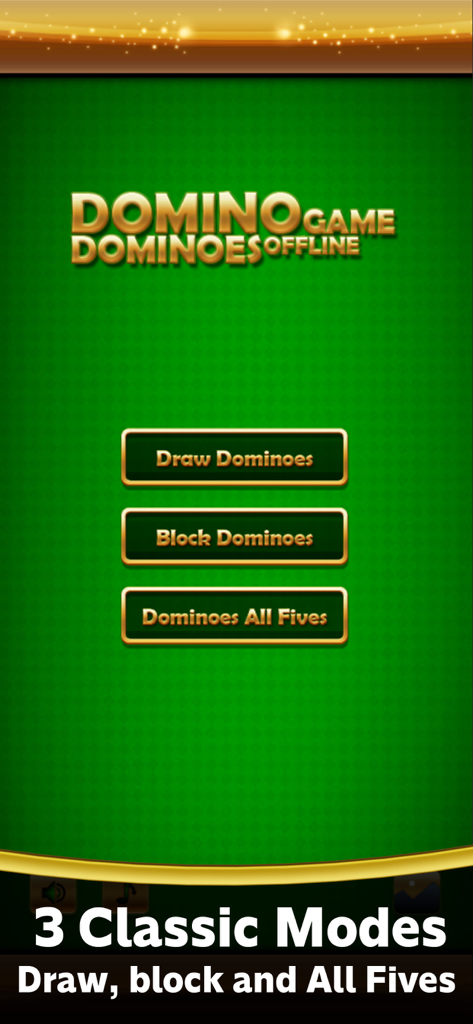Domino game Dominoes offline - Menu principal do jogo Dominoes offline mostrando os três modos: Draw, Block e All Fives.
