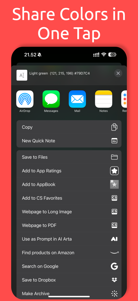 Color Identifier・Match Scanner - Menú para compartir de iOS que muestra color verde claro con valores HEX y RGB en la aplicación Color Identifier