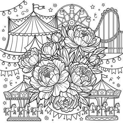 Step right up to a unique coloring adventure where delicate white peonies bloom amidst the joyful chaos of a carnival! This intricate design invites you to blend floral elegance with the excitement of fairground attractions.