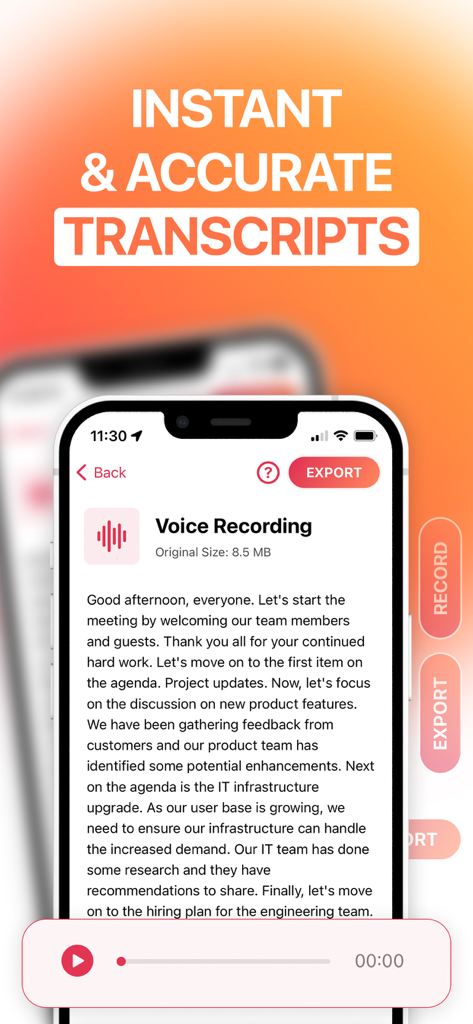 Transcribe Audio Video Voice - Interfaz de la aplicación Transcribe mostrando una transcripción detallada de una reunión a partir de una grabación de voz en un smartphone
