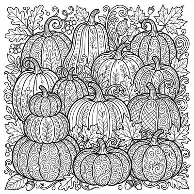 Embrace the beauty of the fall season with this charming coloring page featuring a bountiful harvest of autumn pumpkins. Each pumpkin is adorned with unique patterns, nestled among festive leaves and berries, ready for your creative touch.