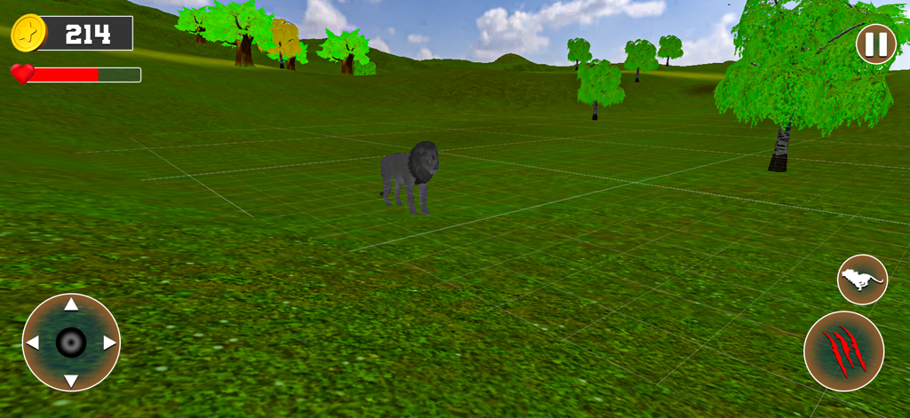 Lion Family Simulator Game - Una captura de pantalla de juego 3D de Lion Family Simulator Game que muestra un león gris en un campo de hierba con controles de juego móvil y barra de salud UI
