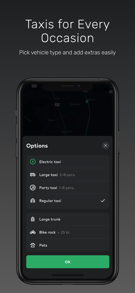 Dantaxi app interface showing ride options for electric taxis, large vehicles, and extra services like bike racks or pet transport.