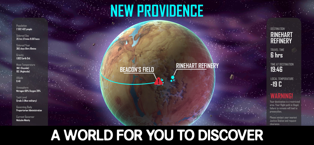 Ticket to Earth - A menu screen showing technical data and map locations for the planet New Providence in Ticket to Earth