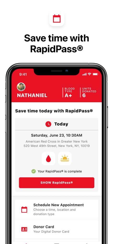 Screenshot of the American Red Cross Blood Donor app showing a completed RapidPass and donation appointment details