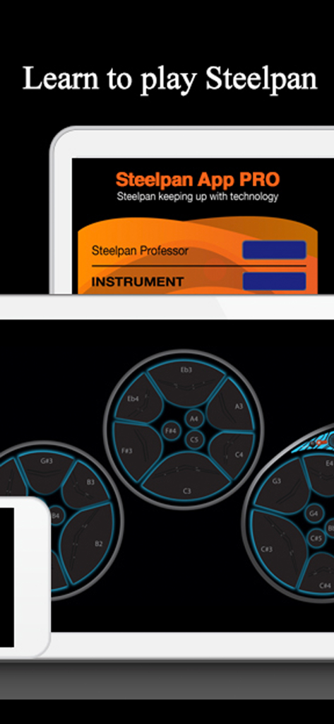 Steelpan App PRO V2 - Steelpan App PRO V2 interface showing digital drum pads and musical note markings on a tablet.