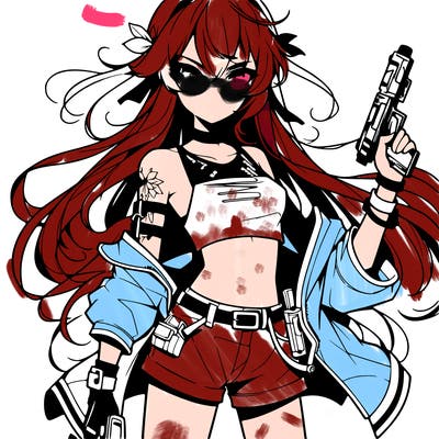 bad girl wearing crop top holding a gun long hair anime
